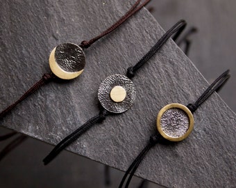 Silver celestial bracelets, Moon bracelet, Sun bracelet, Solar Eclipse bracelet, Silver and brass cord bracelets, Astro jewelry