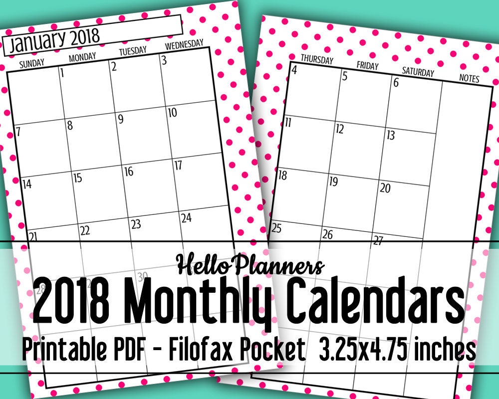 2018 Dated Monthly Calendar Printables Filofax Pocket Size