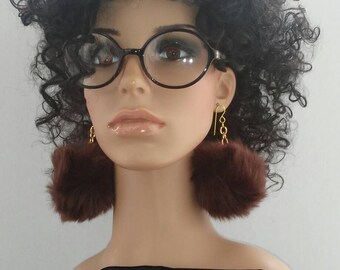 Brown Fuzzy Fur Earrings, Furry Earrings, Womens Earrings, Round Earring, Ladies Jewelry, Large Earrings, Fashion Earrings