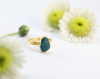 Genuine One-of-a-Kind Raw Dioptase Ring in Beaten Gold Plated Sterling Silver - Raw Dioptase - Rough Gemstone Ring - Dioptase Jewelry
