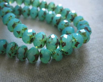 green turquoise Czech beads, brown Picasso czech bead, faceted rondelle glass bead, opaque opalite blue - green 6 x 8mm / 12 beads 5CZ638