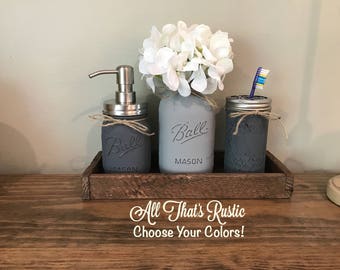 Rustic Bathroom Decor, Rustic Home Decor, Rustic, Mason Jar Bathroom Set, Painted Mason Jars, Mason Jar Decor, Bathroom Decor, Home Decor