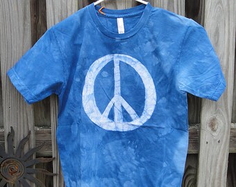Peace Sign Shirt, Blue Peace Sign Shirt, Batik Peace Sign Shirt, Mens Peace Sign Shirt, Womens Peace Sign Shirt, American Made Shirt (S)