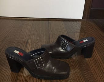 90s Tommy Hilfiger Brown Leather Mules Slip on Chunky Heel Shoes size 9
