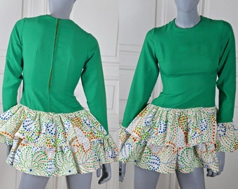 1960s Mini Dress, Dutch Vintage Green Micro Mini with Polka Dot Cuffs and Ruffled Layered Skirt: 4/6 (US), Size 8/10 (UK)