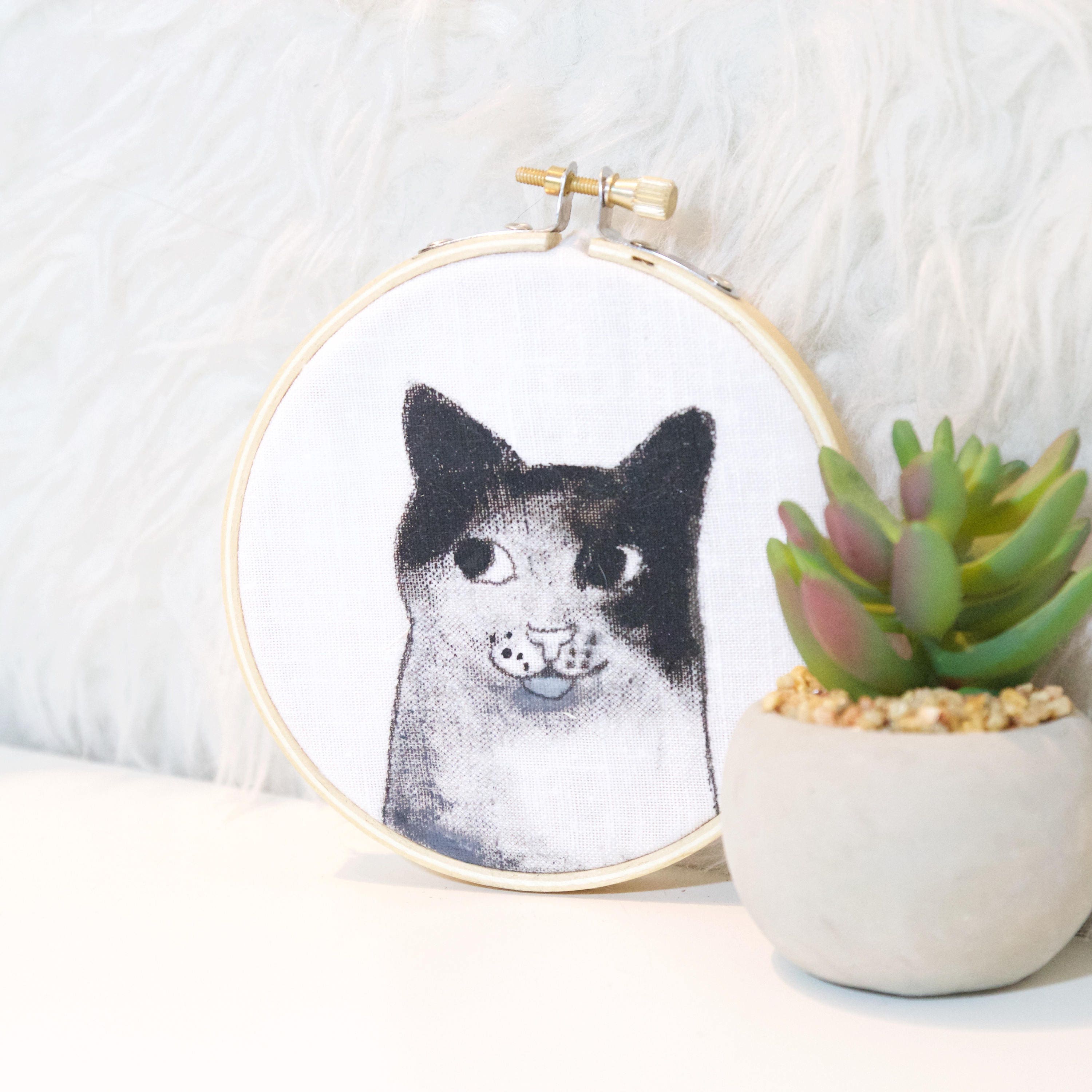 Tuxedo Cat Embroidery Hoop Art Black and White Kitten Acrylic