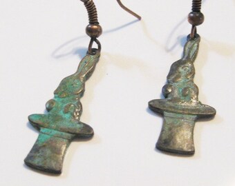 Verdigris Patina Rabbit and Tophat Dangle Earrings