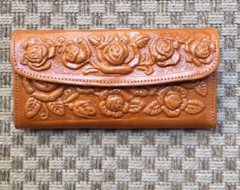 Tooled Leather Wallet ,Roses,Rose wallet,tooled leather,roses,caramel brown,brown leather wallet
