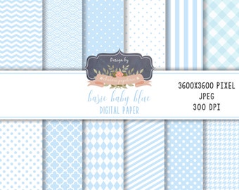 SALE Baby BLUE Digital Paper, Chevrons, Stripes, Polka Dots, Instant Download, Scrapbooking Paper Pack