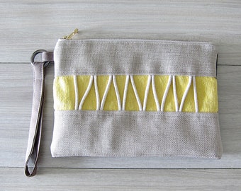 Beige and Yellow Boho Wristlet With Removable Strap