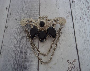 Vintage Art Nouveau Style Silver Tone Layered Brooch w/ Chain Dangles and Black Stones