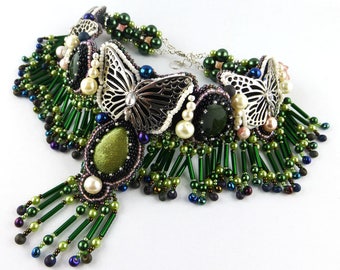 Necklace, Resin, Bead Embroidery, Butterfly