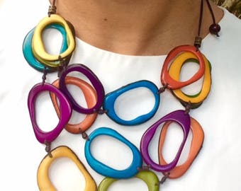 tagua necklace, tagua nut necklace, handmade, Eco Friendly, Empowering women, tagua jewelry, vegetal ivory, necklaces, rainbow necklace