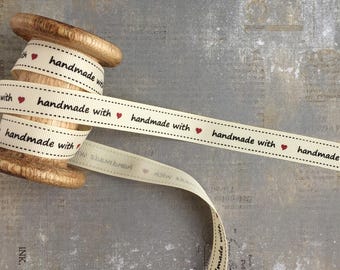 Grosgrain Ribbon with "Hand Made With (Love / Heart Symbol)" Print, Ivory, 15mm x 1m R367