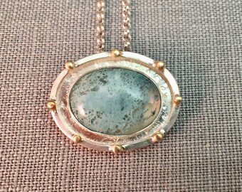 Moss Agate Cabochon 14k Gold Sterling Silver Metalwork Necklace Pendant