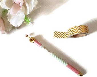 Coral crown pen, gold crown pen, ballpoint pen, coral and green stripe pen