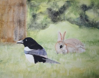 Animal watercolor: pie and rabbit in Meadow