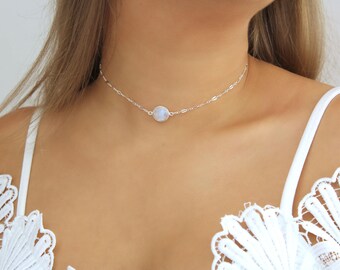 Delicate Moonstone Necklace. Boho Choker. Dainty Stone. Gold Filled Jewelry. Simple Sterling Silver Choker. Rainbow Moonstone Gemstone.