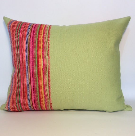 Green pillow, Decorative Cushion Cover, Handmade apple green cotton and vintage Hmong textiles