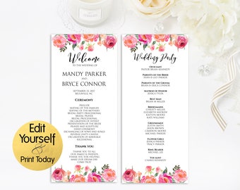 Editable Wedding Program, Wedding Program Template, Wedding Program Printable, Wedding Ceremony Program, Floral Wedding Program Template
