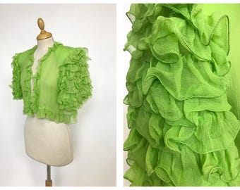 Vintage 1970s 1980s apple green sheer ruffle bolero - size S/M