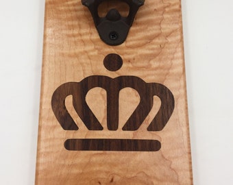 Charlotte Wall Bottle Opener with Magnetic Cap Catcher - Curly Maple and Walnut