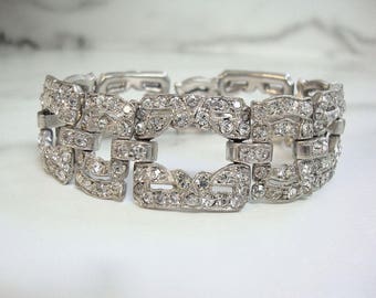 Antique Art Deco Bracelet, Original 1920 Vintage Rhinestone Cuff, Fine Art Deco Wedding Jewelry, Art Deco Rhinestone