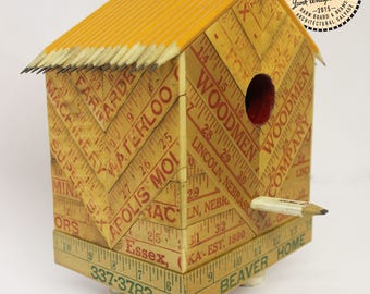 Vintage Yardstick Reclaimed Wood Reuse Repurposed Art Decor Desk Top Gift Staedtler Pencil Birdhouse Made by Hand by Junkwhisperer.com