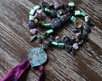 Unlisted - Purple Goddess Necklace - Tassel Necklace - Bohemian Knotted Necklace - Rustic - Bead Soup Jewelry - Leaf Necklace