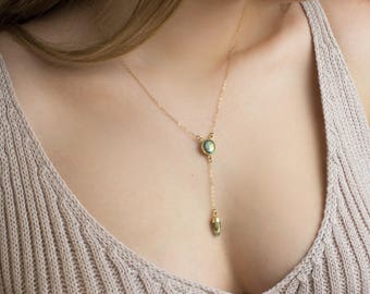Dainty Lariat Necklace. Gold Lariat Necklace. Delicate Y Necklace. Crystal Y Drop Necklace. Short Lariat Gemstone Necklace Gold Stone Lariat