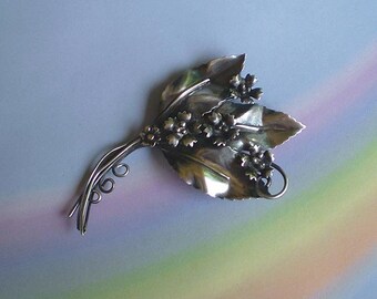 Vintage 40s Sterling Silver Leaf & Flower Pin