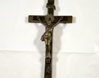 Antique Crucifix Ebony Wood Inlaid Skull And Crossbones Pectoral Nun's Crucifix