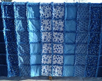 Blue Floral Large Throw Size Rag Quilt