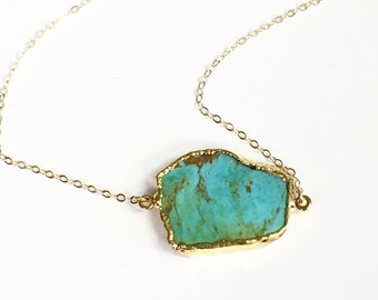 Real Turquoise Necklace, Gold Dipped Turquoise Necklace, Layering Necklace Gemstone Jewelry, Turquoise Jewelry, Simple Gemstone Necklace
