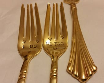 Gold forks Vintage 2 gold Wedding Forks 24K Gold plated Hand stamped I DO ME TOO bit wonky shabby Gatsby wedding gift ReadytoShip Real photo