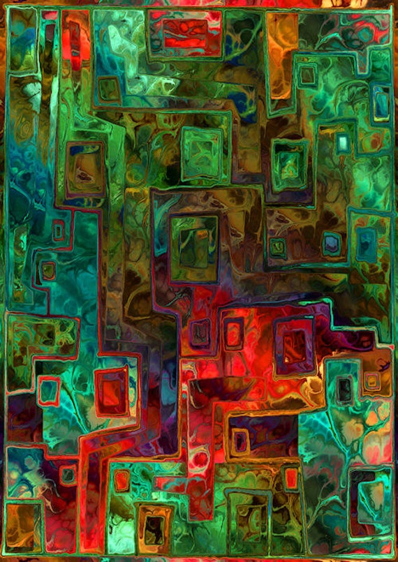 Hand Created Art Fleece Fiber Art Fabric Panel Modern Maze Jeweltones Apparel Blanket