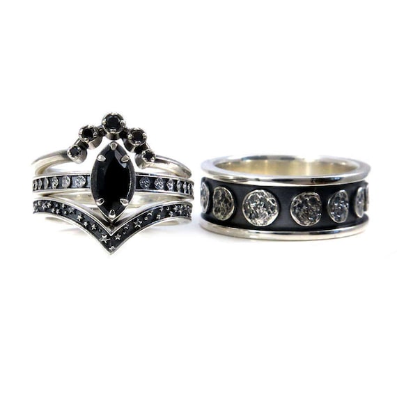 Black Silver Moon Phase Engagement Ring Set - His and Hers - Marquise Solitaire