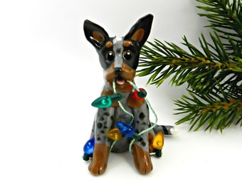 Blue Heeler Dog Porcelain Christmas Ornament Figurine Lights OOAK