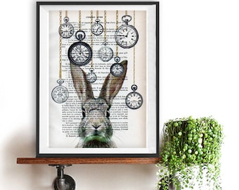 White Rabbit, Alice in Wonderland, Clock Rabbit Print, Rabbit Art ,Bunny Print, Rabbit Art Print,Woodland Rabbit , Nursery Decor,Wall Art