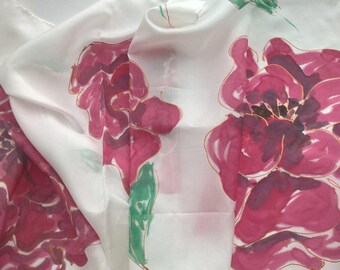 Red Roses Silk Scarf. Hand painted Silk Scarf. Unique Handmade Scarf