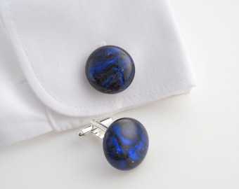 Blue glass cufflinks, sapphire swirl fused glass cuff links, cobalt blue