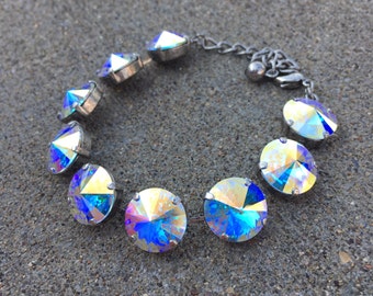 AURORA BOREALIS Swarovski crystal 14mm crystal AB bracelet in antique silver - large statement bracelet