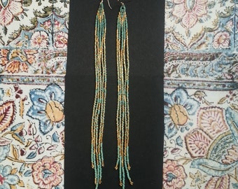 Nightingale..Long Shoulder Duster Gold Beaded Fringe Earrings