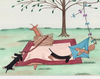 Dachshund (doxie) family picnic / Lynch signed folk art print