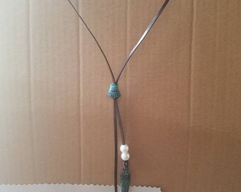 Turquoise and leather lariat necklace