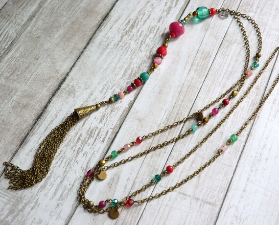 Colorful tassel necklace, Long tassel necklace, Boho necklace, Boho style jewelry, Colorful boho necklace, Bohemian necklace,
