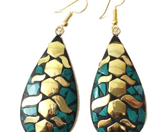 Nepal Turquoise Earrings, Mosaic Nepal Jewelry,Vintage Gold,Antique Earrings,Tibetan jewelry,Afghan Jewelry by Taneesi