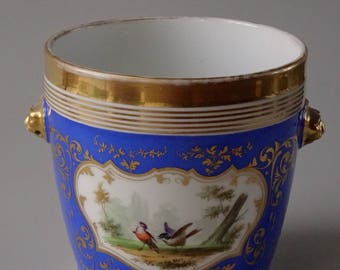 Antique Cachepot Blue Porcelain Cartouche Painted Birds