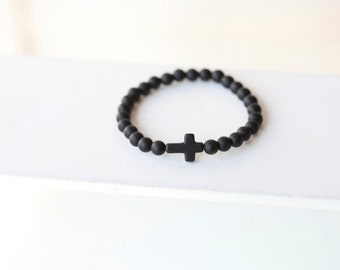 Mens 6MM Black Cross Bracelet - Mens Black Onyx Stone Cross Bracelet - Onyx matte gemstone beads - Stonecross