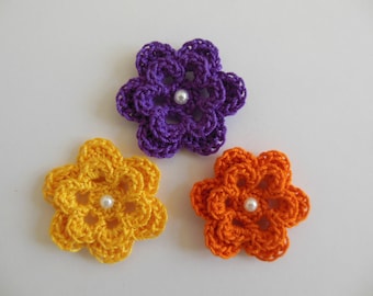 Trio of Crocheted Flowers - Orange, Yellow and Purple with Pearl - Cotton - Crocheted Appliques - Crocheted Embellishments